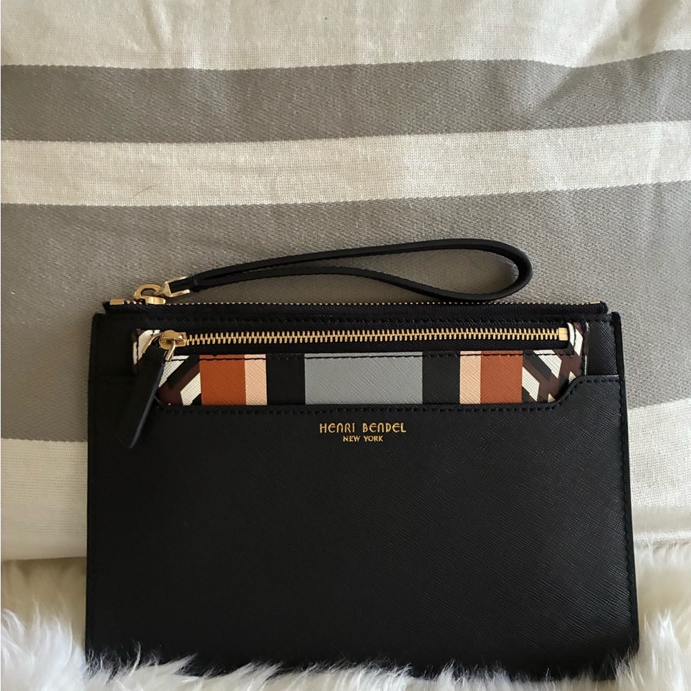Henri Bendel- RARE Black Double Wristlet with Striped Accents- Removable Clutch
